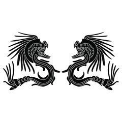 Wall Mural - Symmetrical design with two fantastic animals. Ethnic Native American art. Quetzalcoatl Feathered Serpent. Mythology of Aztec Indians. Black and white silhouette.