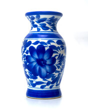 Chinese Blue White Ceramic Vase For Flowers On A White Background.