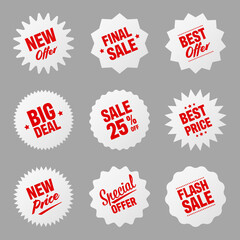 Realistic tilted price tags collection. Special offer or shopping discount label. Retail paper sticker. Promotional sale badge. Vector illustration.