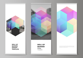 Wall Mural - Vector layout of roll up mockup design templates with abstract shapes and colors for vertical flyers, flags design templates, banner stands, advertising design mockups.