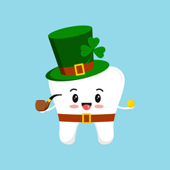 Wall Mural - St Patrick day tooth in leprechaun costume with shamrock gold coin. Dental tooth irish character with money, clover, pipe, green hat. Flat design cartoon style Saint Patrick day vector illustration.