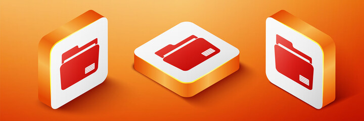 Fototapete - Isometric Document folder icon isolated on orange background. Accounting binder symbol. Bookkeeping management. Orange square button. Vector.