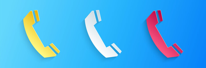 Poster - paper cut telephone handset icon isolated on blue background. phone sign. call support center symbol
