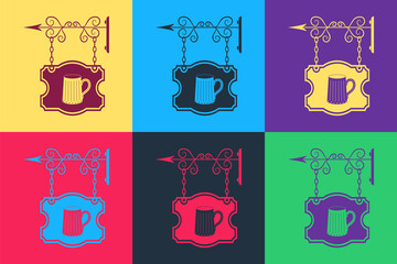 Poster - Pop art Street signboard on forged brackets with wooden mug of beer icon isolated on color background. Suitable for bar, tavern, cafe, pub, restaurant. Vector.
