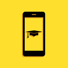 Poster - Black Graduation cap and smartphone icon. Online learning or e-learning concept icon isolated on yellow background. Long shadow style. Vector.