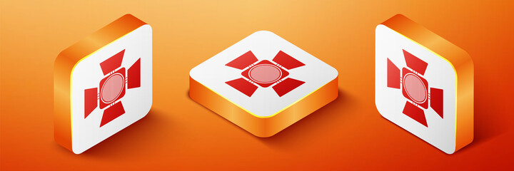 Poster - Isometric Movie spotlight icon isolated on orange background. Light Effect. Scene, Studio, Show. Orange square button. Vector.