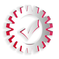 Poster - Paper cut Gear with check mark icon isolated on white background. Cogwheel simple icon. Approved service sign. Transmission Rotation Mechanism symbol. Paper art style. Vector.