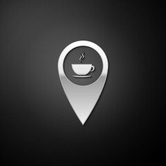 Fototapete - Silver Map pointer with hot coffee cup icon isolated on black background. Long shadow style. Vector.