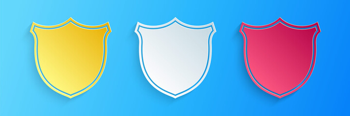 Poster - Paper cut Shield security icon isolated on blue background. Protection, safety, security concept. Firewall access privacy sign. Paper art style. Vector.
