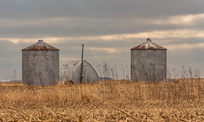 Two small, round, metal grain bins and an unusual shaped, arched metal building with an electric pole.