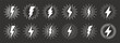 Set of vintage lightning bolts and sun rays. Lightnings with sunburst effect. Thunderbolt, electric shock sign. Vector illustration.