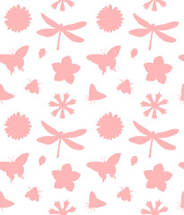  Vector seamless pattern of pink hand drawn insects and flowers silhouette isolated on white background
