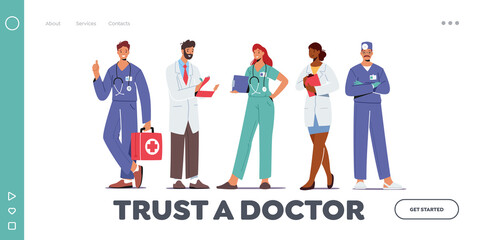 Hospital Healthcare Staff Landing Page Template. Doctor Characters in Medical Robe with Stethoscope Holding Notebook