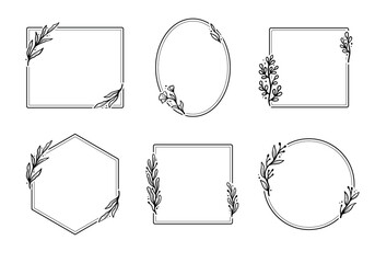 Aufkleber - Set of geometric floral frame, border with leaves, wreaths, flower elements. Hand drawn sketch pencil style. Perfect for invitation, greeting card, social media, blog
