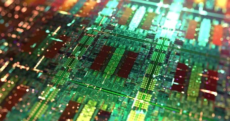 Poster - Central Computer Processors CPU Die Shot. Artificial Intelligence AI and Microchip circuit concept.  Science and High Technology motion graphic background. 4K loop, 3D rendering
