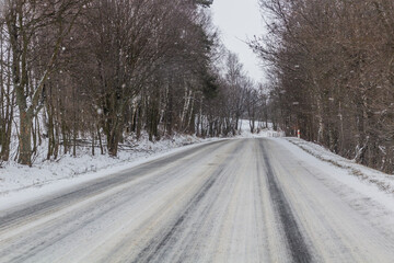 Sticker - Winter view of I/11 road near Suchy vrch mountain, Czech Republic