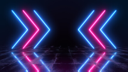 Poster - Abstract technology background with bright neon lights. Futuristic stage concept with glowing arrows and reflective floor. 3D illustration.