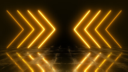 Poster - Abstract neon background with bright golden arrows. Laser beams illustration in a shiny space concept with reflection on the floor.