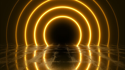 Poster - Award background concept with golden neon lights come from center. Abstract party texture for winner promotion concept. 3d render bright laser illustration with reflections on the floor.