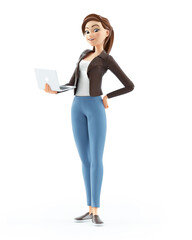 3d cartoon woman standing with laptop