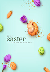 Poster - Happy Easter day. Festive background design with realistic colorful eggs, easter bunny, rabbit in an egg. Gold glitter confetti. Holiday Banner and web poster, flyer and brochure. Vector illustration