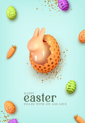Poster - Happy Easter day. Festive background design with realistic colorful eggs, easter bunny, rabbit in an egg. Gold glitter confetti. Holiday Banner and web poster, flyer and brochure. Vector illustration