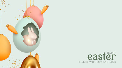 Poster - Happy Easter day. Festive background design with realistic colorful eggs, easter bunny, rabbit in an egg hanging on ribbon. Creative holiday composition. Banner and poster. Brochure and flyer