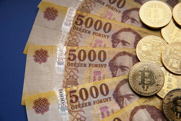 Wall Mural - 5000 Hungarian forint paper cash line. Next to it are a number of gold bitcoin (BTC) digital cryptocurrency coins. On a blue background.