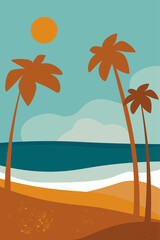 Wall Mural - Creative aesthetic posters abstract background with palm trees, beach and sea, ocean. Vertical vector illustration with landscape minimalistic backgrounds with grunge texture.