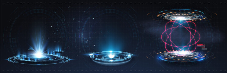 Poster - HUD, GUI futuristic portal, hologram. Abstract digital user interface technology. A set of futuristic circles virtual interface elements. Abstract technology communication design innovative background