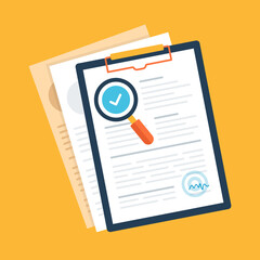 Poster - Clipboard and magnifying glass with check mark. Flat design. Inspection, analysis, quality control, solution, report concepts. Vector illustration