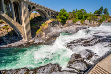 Overhead view of the whitewater Spokane Falls along the Spokane River at Riverfront Park, downtown Spokane Washington, USA.