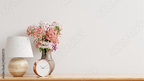 Mockup wall with ornamental plants and decoration item on shelf wooden. © max3d007