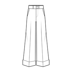 Wall Mural - Pants oxford tailored technical fashion illustration with low waist, rise, full length, slant slashed jetted pockets. Flat trousers apparel template front, white, color. Women men unisex CAD mockup