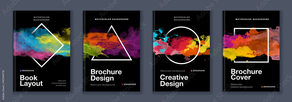 Watercolor A4 booklet colourful cover bundle set with geometric shapes on black background - obrazy, fototapety, plakaty 