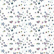Hearts, stars and dots in kids seamless pattern in doodle style. Ornament on the white background