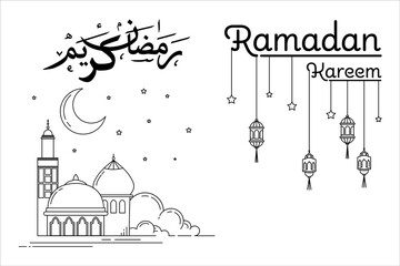  ramadan kareem monoline style vector design concept. mosque building decorated with lantern lights