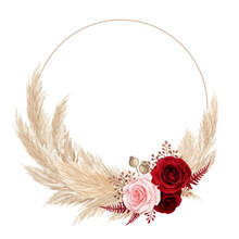 Watercolor Bohemian Floral Wreath With Red Rose And Pampas Grass