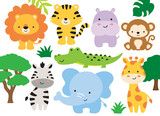Fototapeta Pokój dzieciecy - Vector illustration of safari jungle animals including a lion, tiger, hippo, monkey, zebra, crocodile, alligator, elephant, and giraffe.