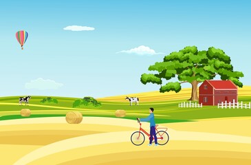 Wall Mural - Countryside in summer season, tourists cycling, farmhouses, valley, houses, mills, vector landscape