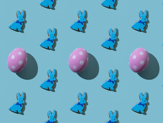 Rabbit pattern. Abstract background. Cute design for kids. Contrast spotted pink Easter eggs cookie bunny minimal creative composition isolated on blue poster for boy or girl.