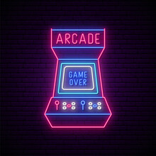 Neon Arcade Game Machine Sign . Glowing Entertainment Emblem, Bright Advertising Banner. Arcade Game Neon Signboard. Vector Illustration.