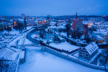 Wall Mural - Opera in Bydgoszcz after sunset in winter, aerial view
