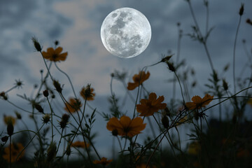 Wall Mural - full moon with silhouette cosmos flower garden at night.