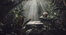 Human Skull And Ancient Ruins In The Jungle