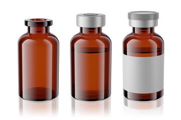 Wall Mural - Vaccine brown glass injection vials set isolated. 3d rendering mockup.