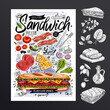 Food poster, ad, fast food, ingredients, menu, sandwich, sub, snack. Sliced veggies, cheese ham bacon Yummy cartoon style isolated Hand drew vector