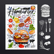Food poster, ad, fast food, ingredients, menu, burger. Sliced veggies, bun, cutlet, cheese meat bacon Yummy cartoon style isolated Hand drawn vector