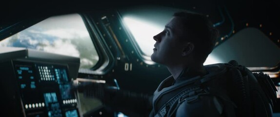 Wall Mural - portrait of caucasian male astronaut inside spaceship cockpit. sci-fi space exploration concept. sho