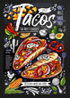 Food poster, ad, fast food, menu, mexican cuisine, nachos, burritos, tacos, snack. Avocado, cheese bean corn chicken Yummy cartoon style isolated Hand drew vector